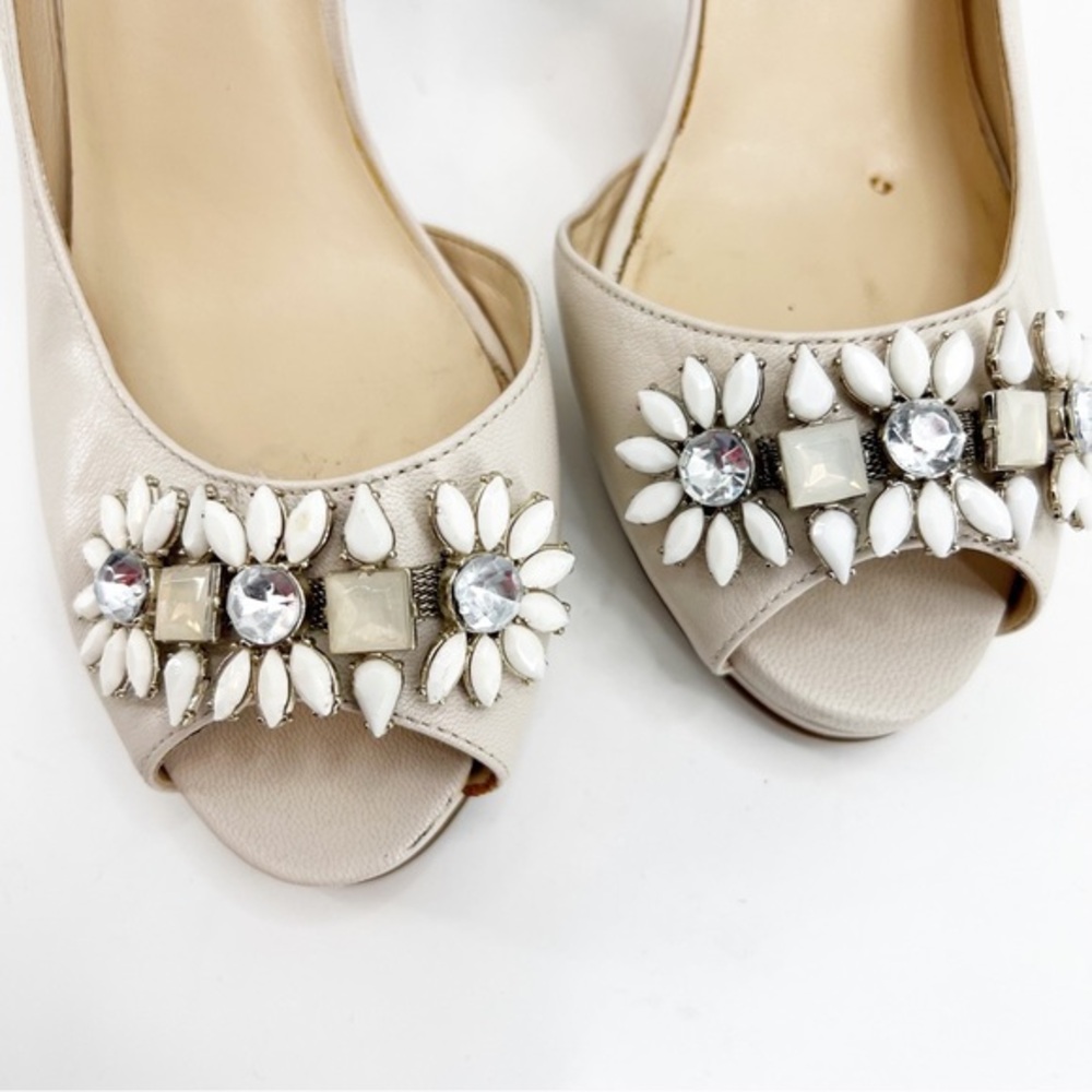 Nine West Cream Leather D’Orsay Jeweled Peep Heels, Size 8.5M - Picture 3 of 10